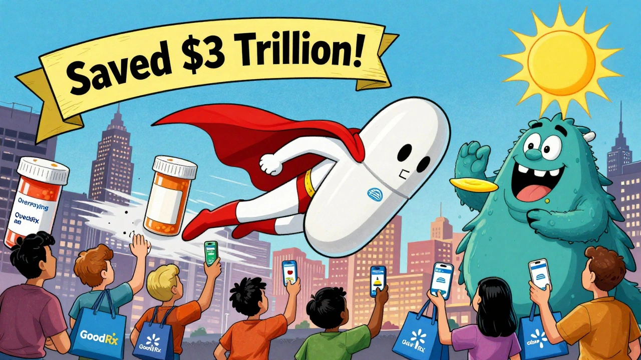 A superhero generic pill saves people from overpaying monsters, soaring over a city of prescription bottles in bright cartoon style.