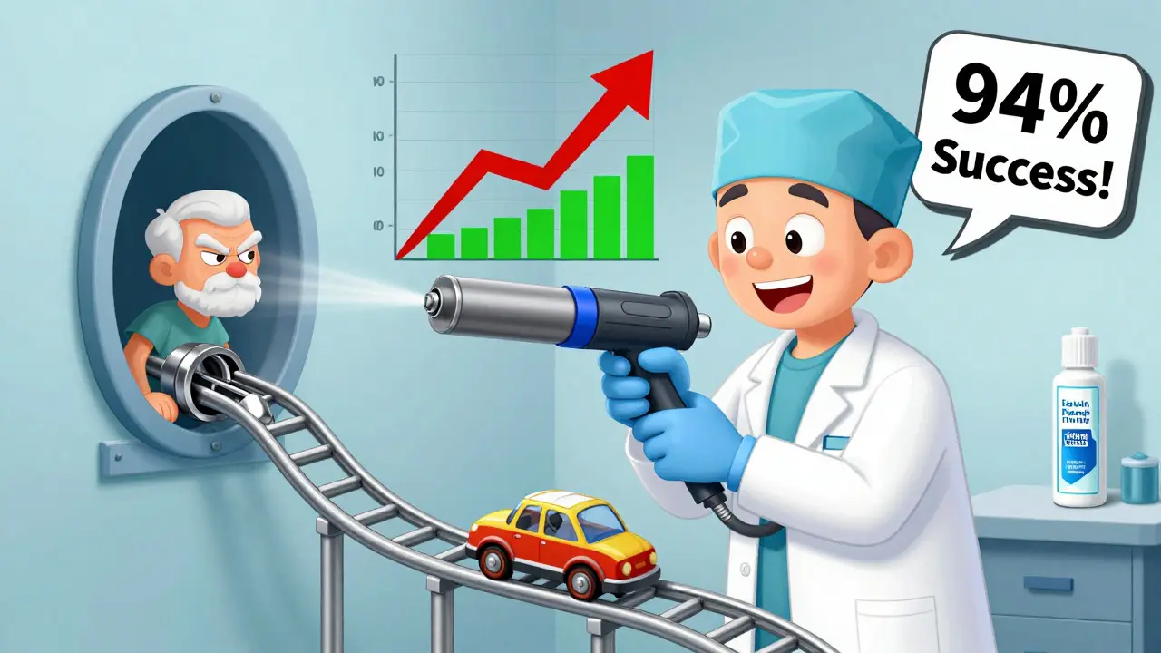 A surgeon replaces a fixed stapes with a titanium prosthesis using a giant laser in a whimsical rubber hose animation.