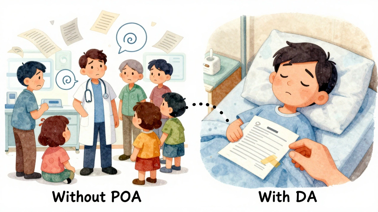 Chaotic hospital confusion on one side, peaceful care with paperwork on the other, showing impact of having a medical POA.