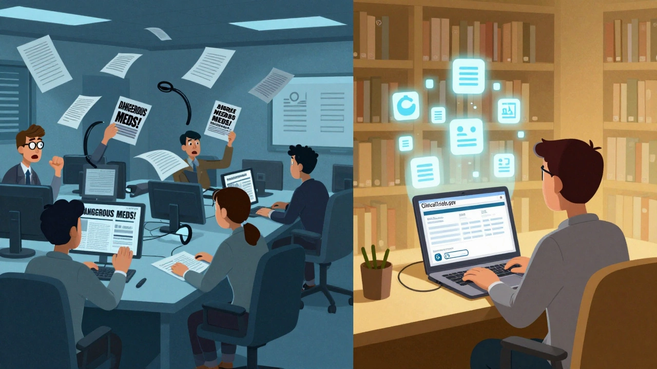 Chaotic newsroom vs calm research scene, contrasting panic with fact-checking using official medical databases.