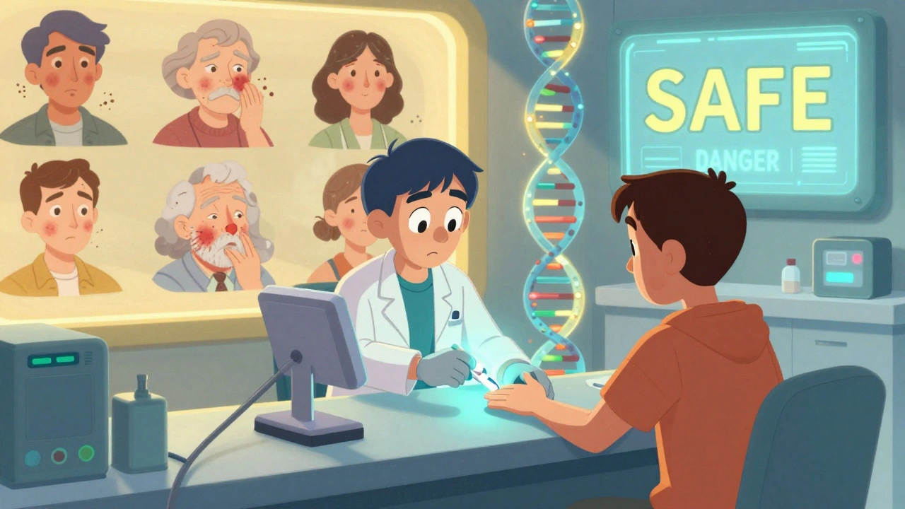 Doctor using handheld genetic test device at pharmacy, animated gene strand showing &#039;DANGER&#039;, historical misdiagnosis scenes in background