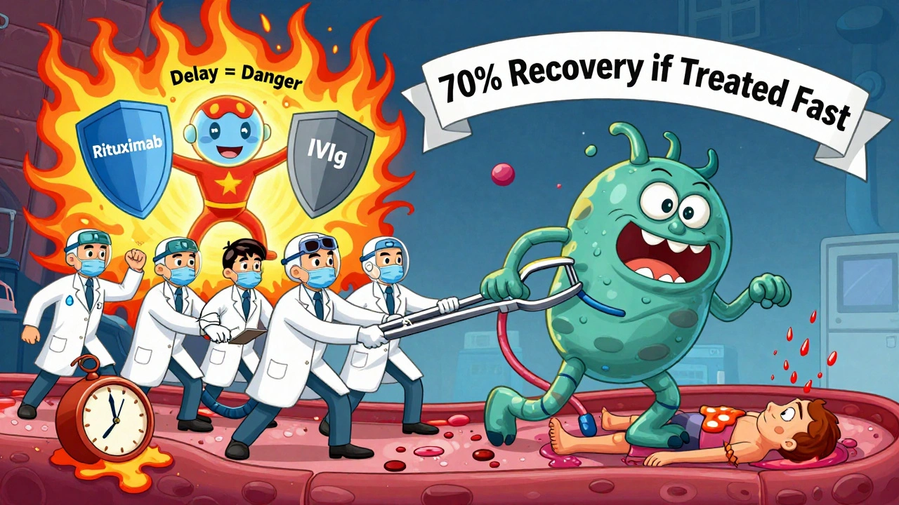 Doctors pulling out a monster antibody with superhero treatments and a melting clock.