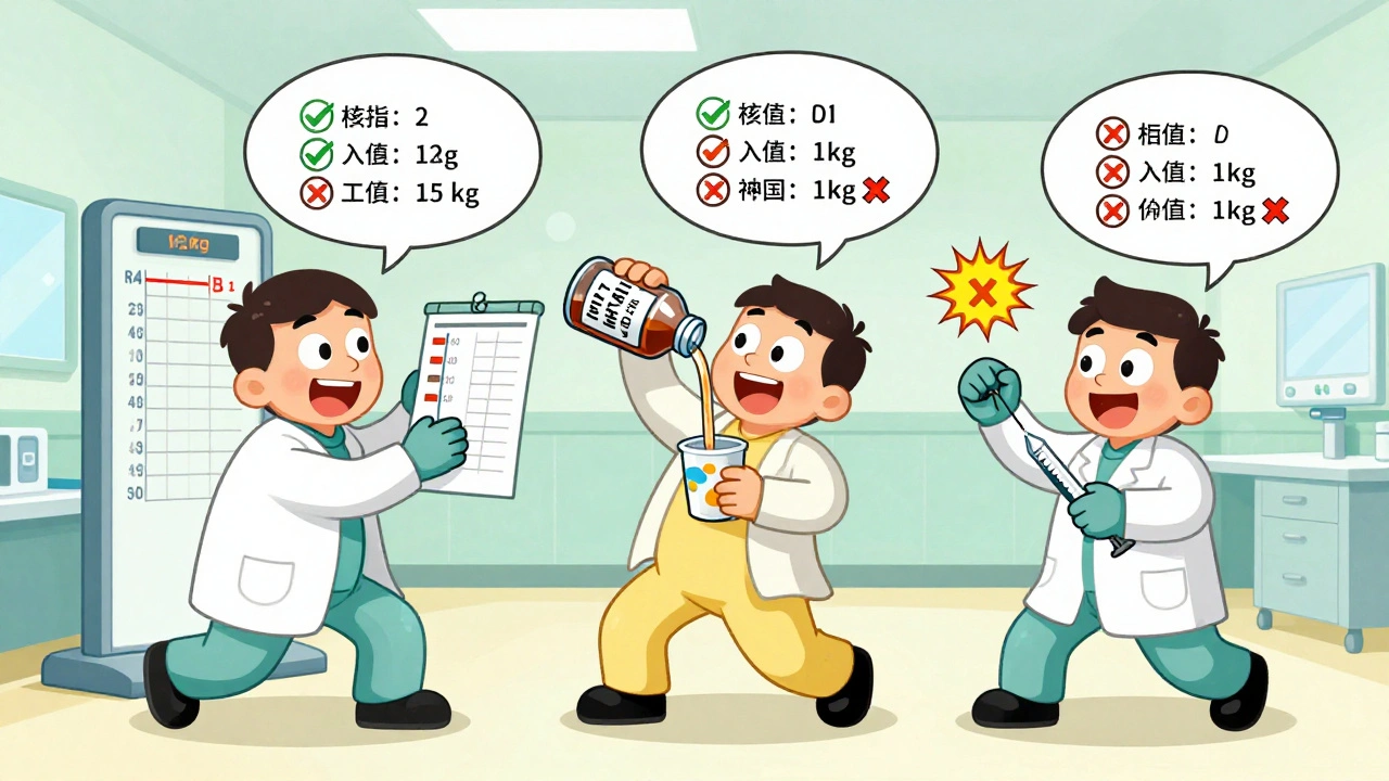 ER staff make medication errors with weight charts and liquid doses, surrounded by floating correct and incorrect calculations.