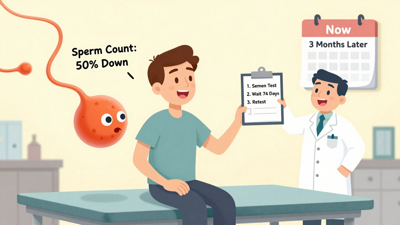 Man on exam table with oversized sperm cell, pharmacist holding checklist