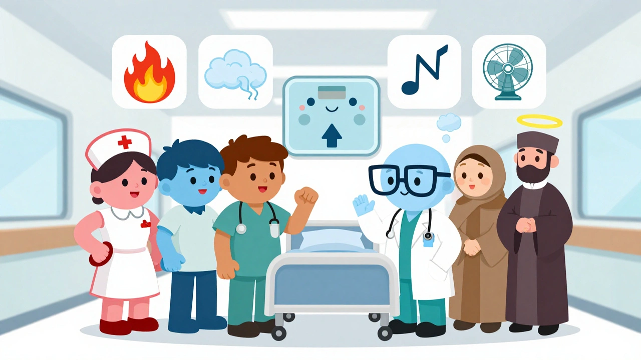 Medical team around a bed with floating icons for pain, breathlessness, and anxiety, balanced by comfort tools like music and fan.
