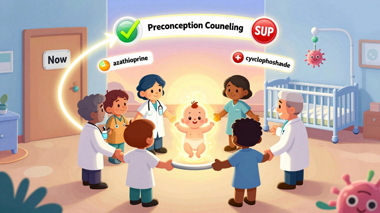 Medical team holding hands around glowing baby with drug safety labels