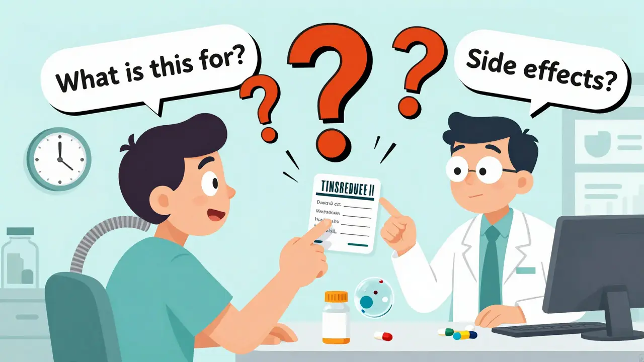 Patient asking pharmacist three key questions about medication while floating question marks hover nearby.