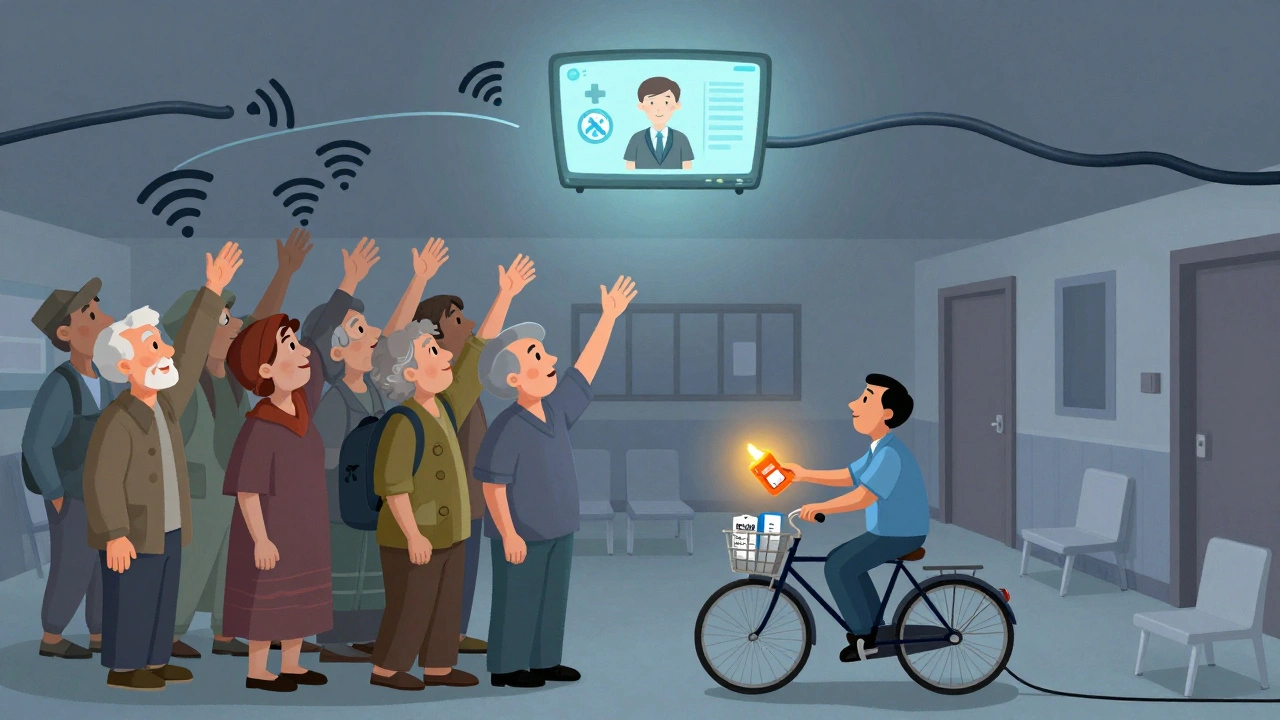 People stretching toward a floating telehealth screen while a worker hands out naloxone kits below in a rubber hose animation.