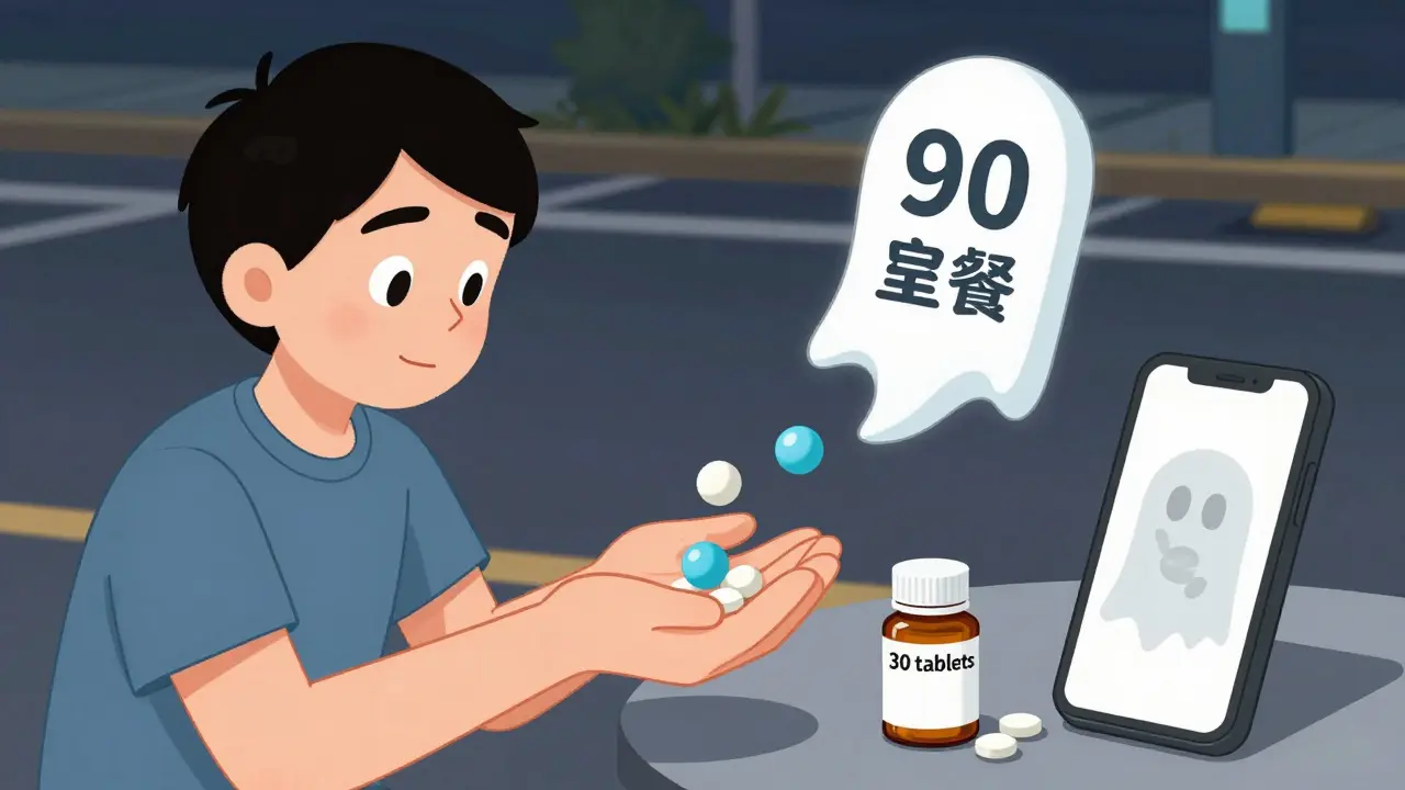 Person counting pills in parking lot, fewer pills than labeled, phone showing reference image beside them.