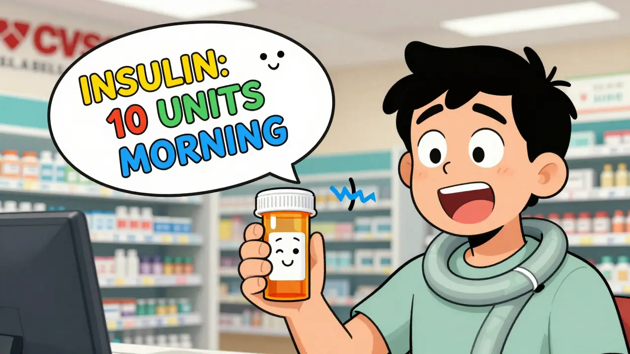 Person using a cartoonish device to hear prescription details from a pill bottle, with friendly voice bubbles floating in the air.