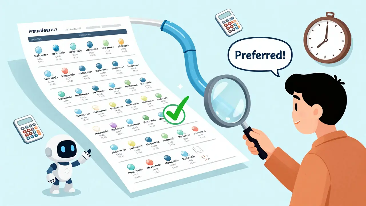 Person using a magnifying glass to examine wiggling generic pills with different prices and manufacturer labels on a formulary chart.