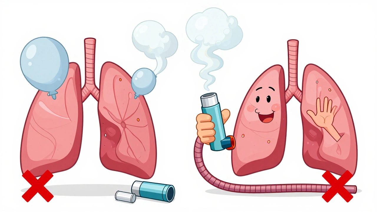 Person using inhaler with spacer, medicine puffs entering lungs like balloons