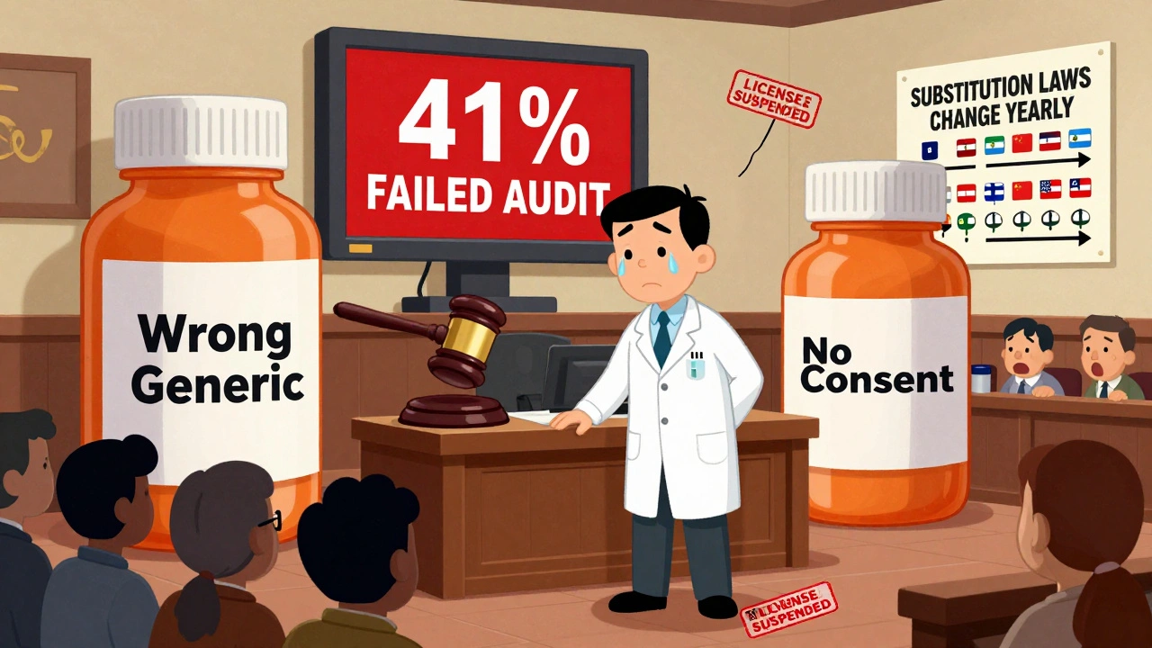 Pharmacist in courtroom surrounded by giant error-labeled pill bottles, judge with prescription gavel, and audit alert screen.