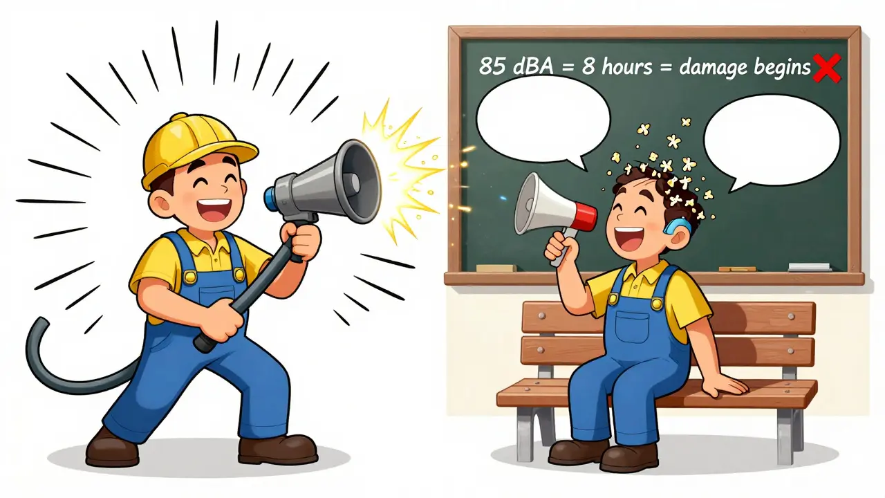 Same worker before and after noise damage: one side using a jackhammer, the other isolated with a hearing aid and broken hair cells as wilted flowers.