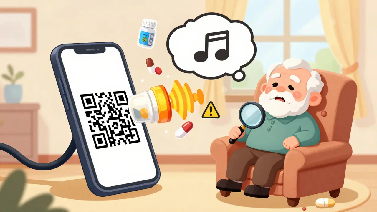 Smartphone scanning a QR code on a medicine bottle, releasing an audio wave that reads the prescription aloud in a cheerful way.