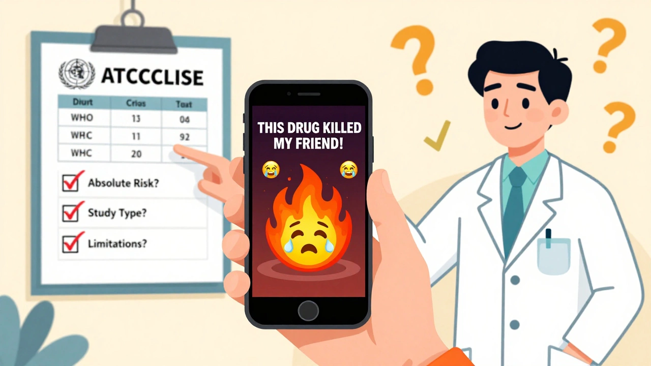 Someone being misled by a viral social media post, while a pharmacist guides them with a safety checklist and drug classification poster.