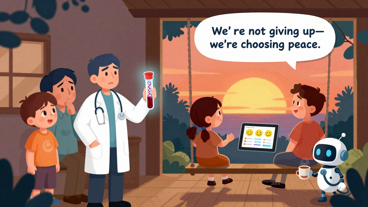 Split scene: blood test on left, patient watching sunset on right with tablet showing pain updates and happy emojis.