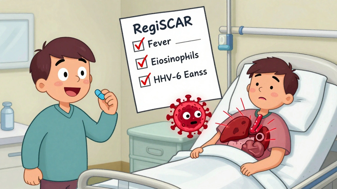 Split scene: happy person taking pill vs. same person in hospital with glowing organs and virus cartoon, RegiSCAR checklist floating above