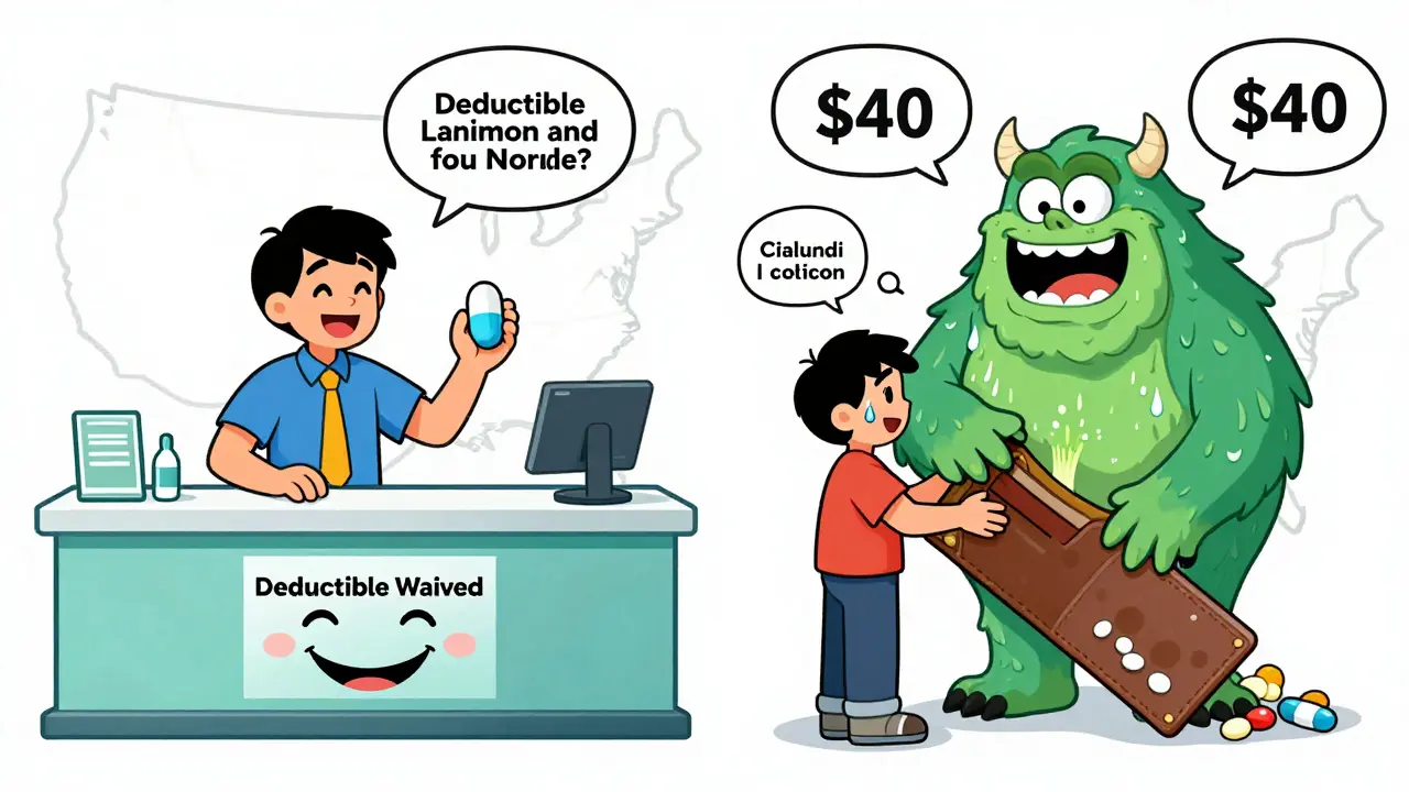 Split scene: one person pays <h2>State Rules Change Everything</h2> for generics in New York, another pays  in California under a giant deductible monster.