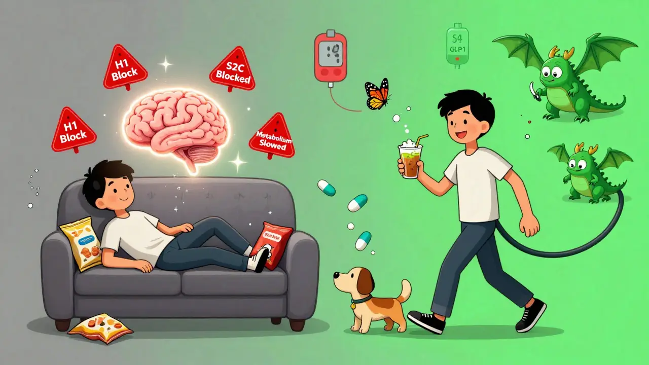 Split-screen: left shows a person overwhelmed by biological hunger signals, right shows them thriving with support and treatment.