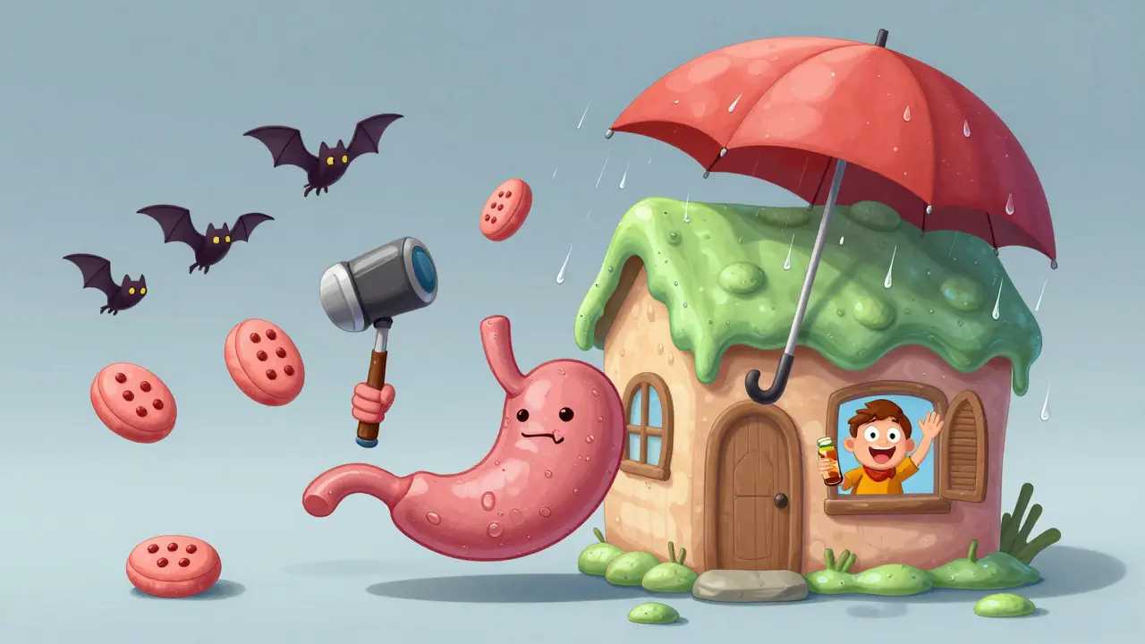 Stomach house under acid rain protected by a PPI umbrella while serotonin bats fly away.