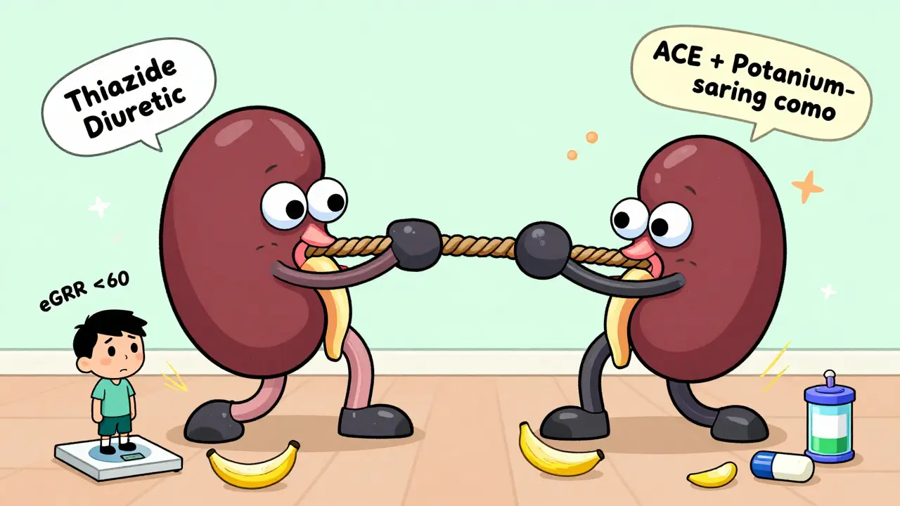 Stretchy kidney in a tug-of-war between two drugs, with banana peels on the floor