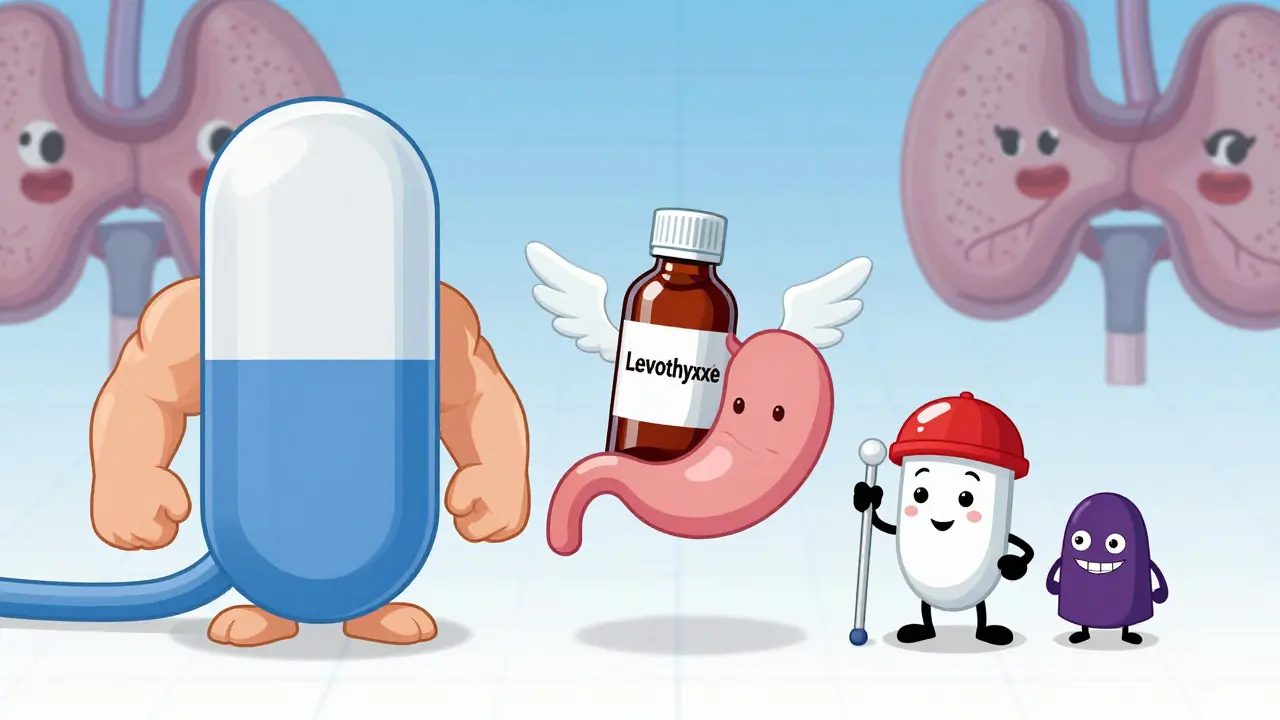 Three solution characters: a bigger pill, a flying liquid bottle, and a friendly H2 blocker reducing a PPI villain's size.