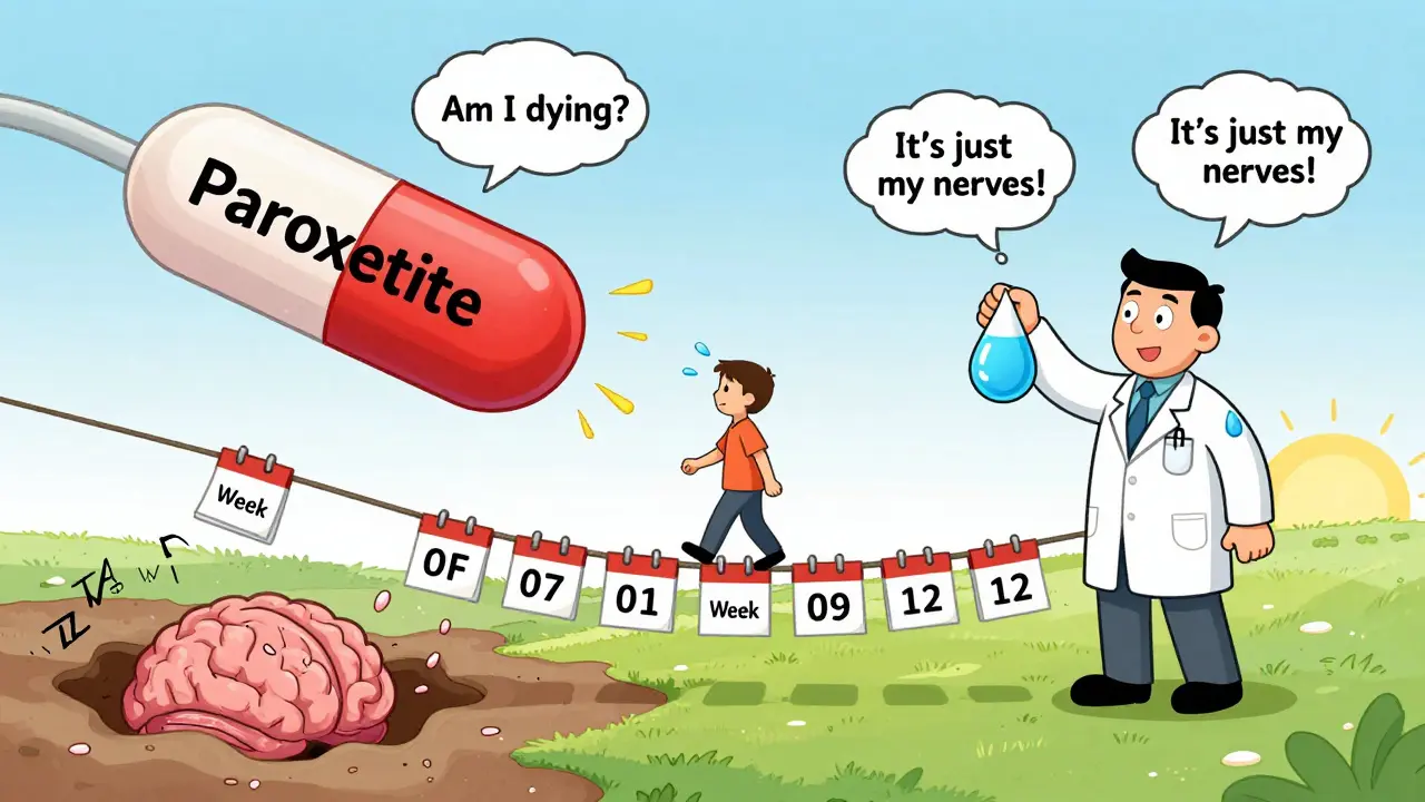 Two doctors holding different pills as a patient walks a tightrope between withdrawal chaos and calm recovery, with melting clocks and thought bubbles.