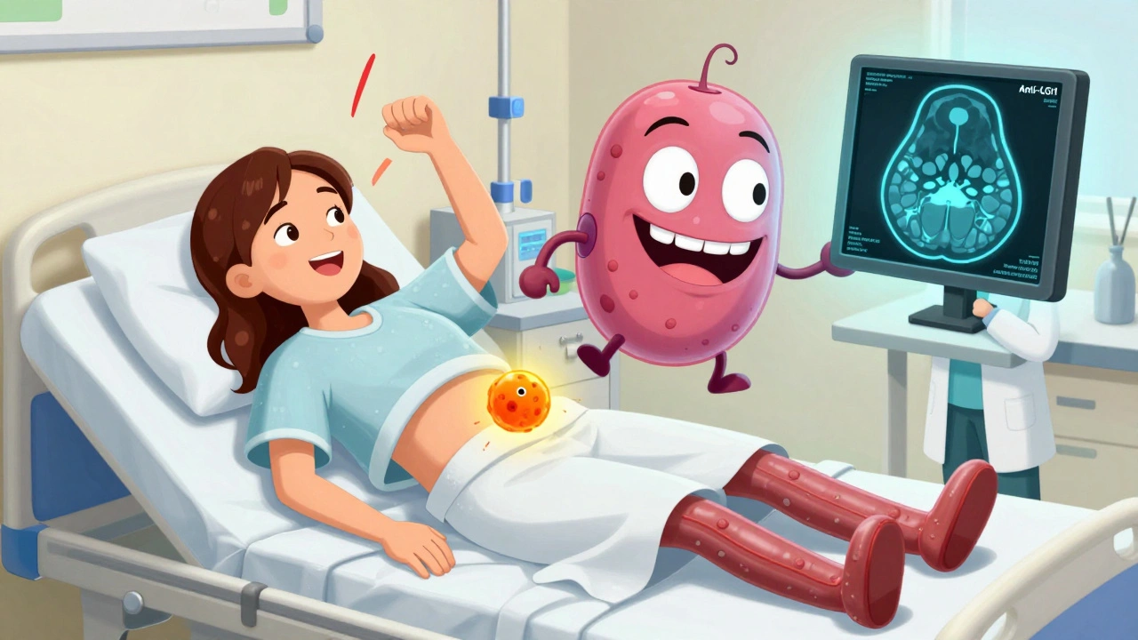 Woman having seizures with rubbery limbs, giant antibody and tumor visible nearby.