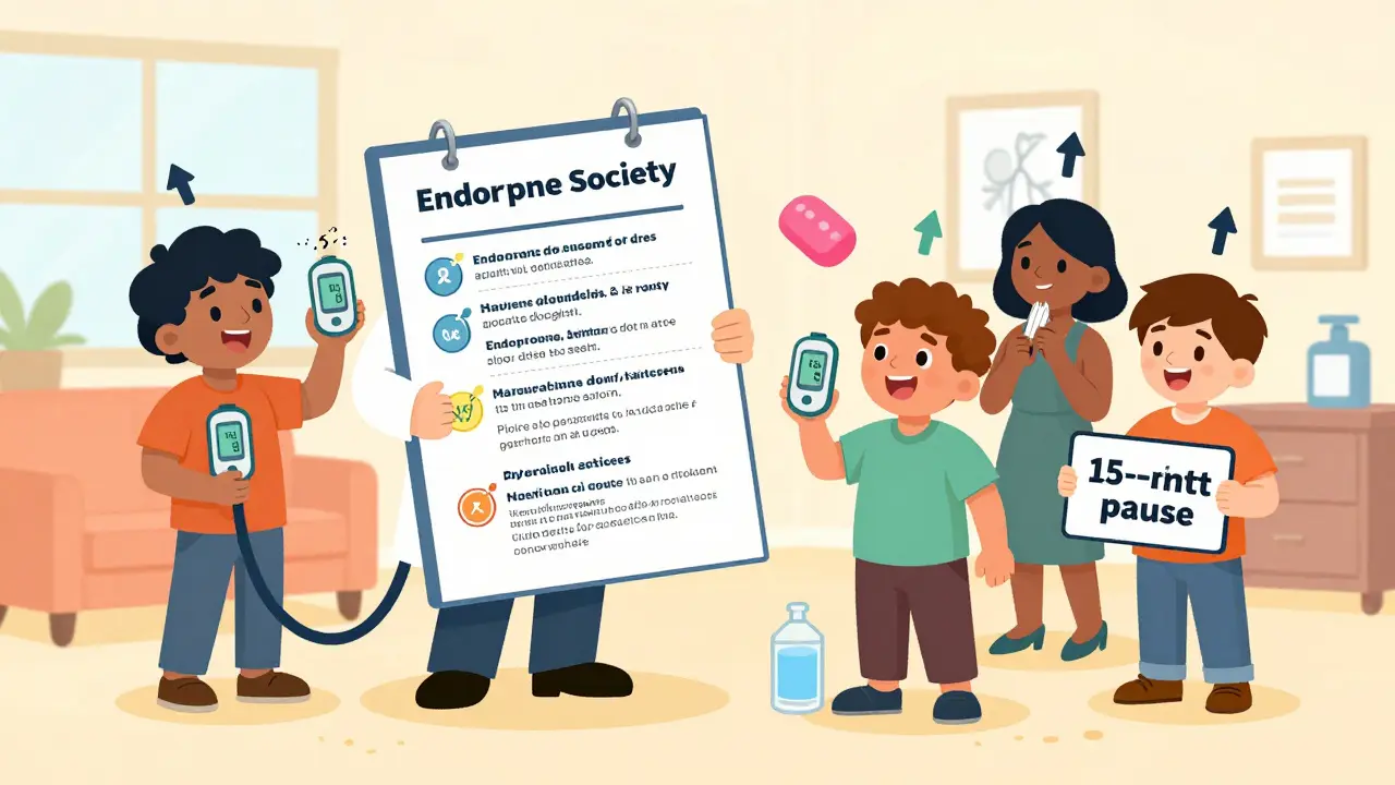A diabetes educator teaches patients how to adjust doses using animated CGM arrows and snack jellybeans.