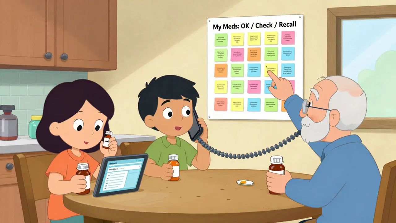 A family checking medications at the kitchen table with a color-coded chart on the wall.