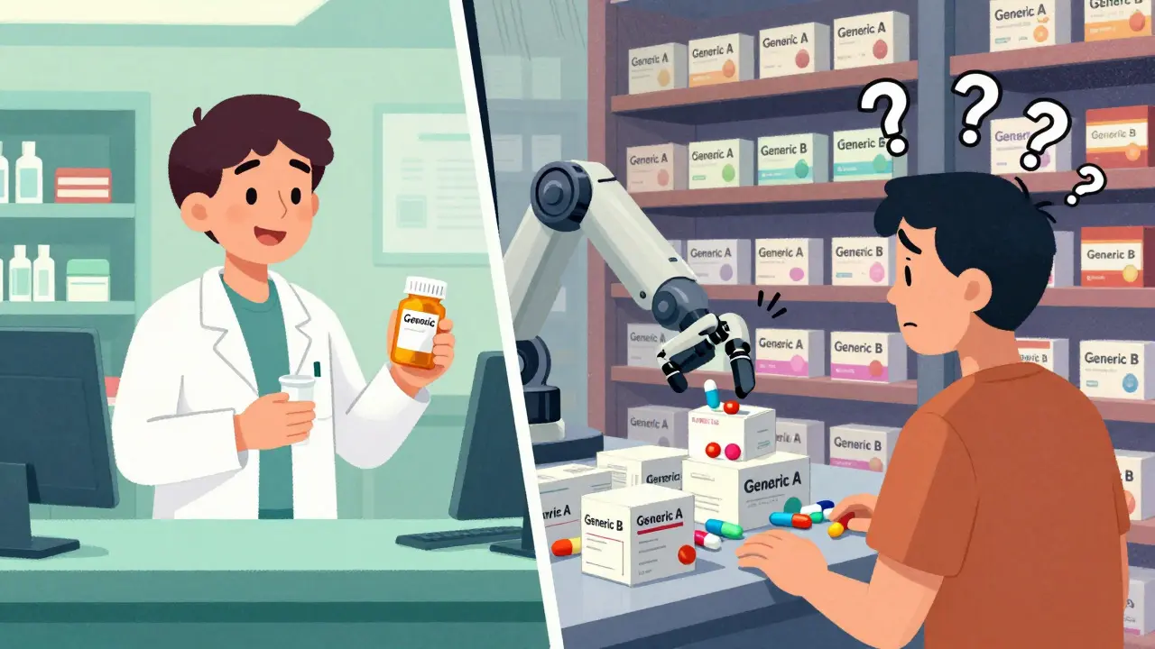 A friendly local pharmacist contrasts with a robotic warehouse handing out changing generic pills.
