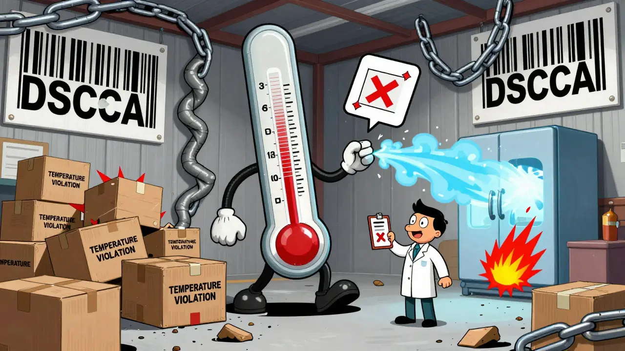 A giant thermometer stomps through a warehouse, crushing boxes with temperature violation labels.