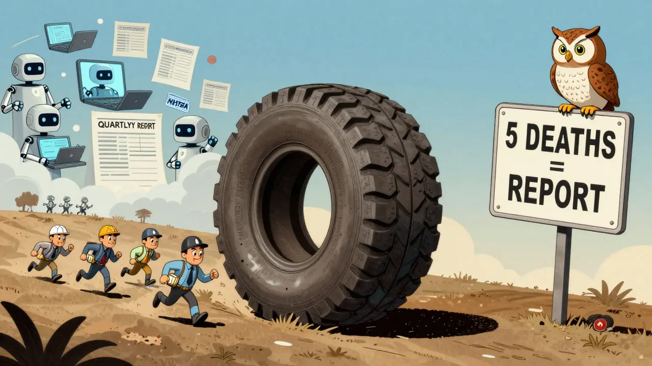 A giant tire-shaped report rolls downhill as engineers chase it under an NHTSA owl's watch.