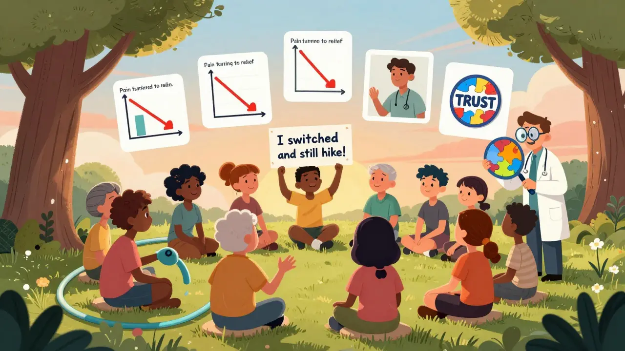 A group of patients sharing stories under a tree, with animated panels showing improved health and a 'TRUST' badge.