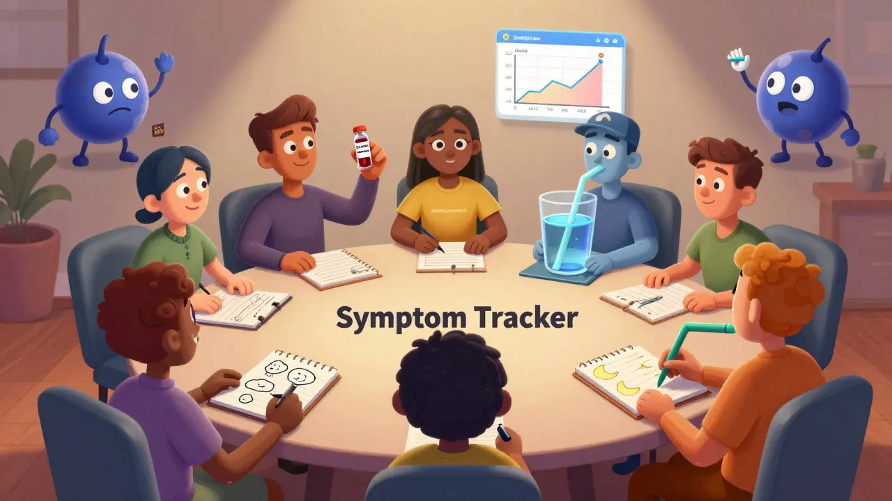 A group of people tracking symptoms at a table with a blood test vial and hydration tips in playful rubber hose cartoon style.