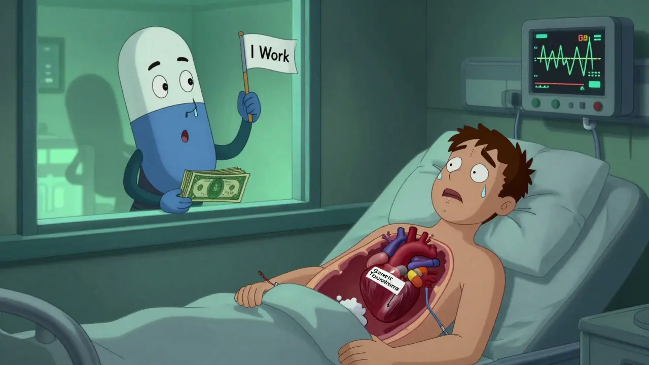 A heart transplant patient's chest showing a struggling heart labeled 'Generic Tacrolimus' next to a smug brand pill.