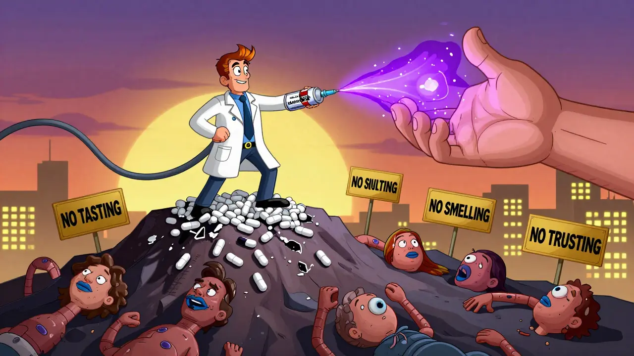 A hero spraying naloxone over collapsing figures, with warning signs and safe pharmacies in the distance.