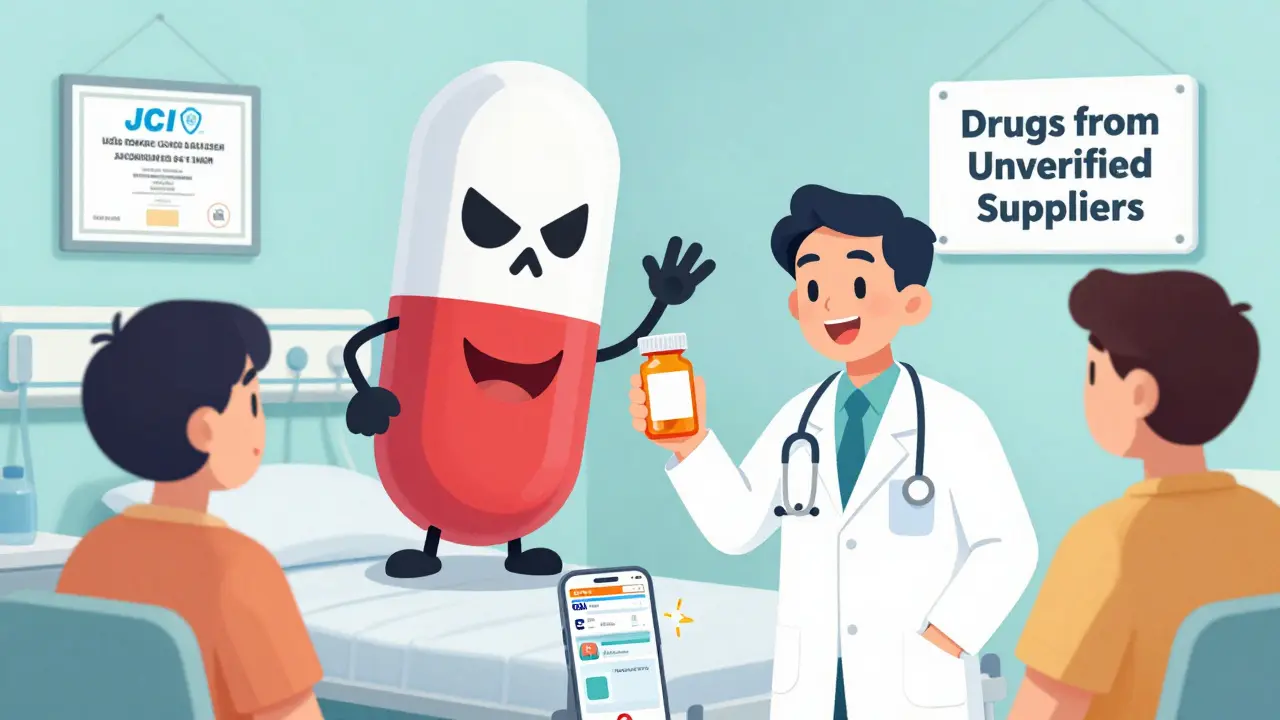 A hospital scene where an unlabeled pill turns into a skull, with a JCI certificate and warning sign on the wall.