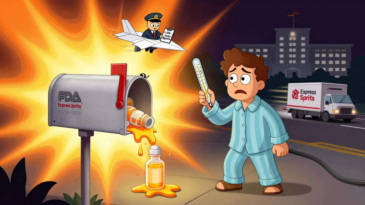 A mailbox melts in heat, leaking insulin, as a tiny inspector flies in with a climate warning clipboard.