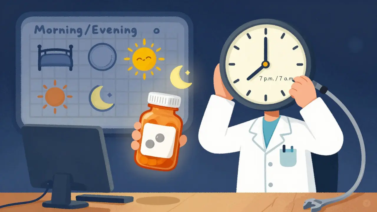 A night-shift worker receiving customized dosing times with sun and moon icons on a visual schedule.
