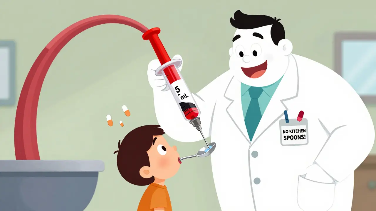 A parent using a kitchen spoon to measure medicine while a pharmacist holds up a dosing syringe with a warning sign.