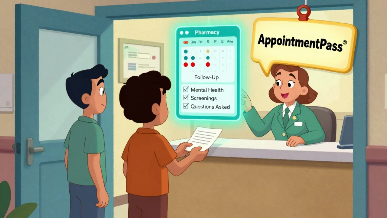 A patient and friend hand a note to a receptionist as a digital portal displays medical records and checklists.