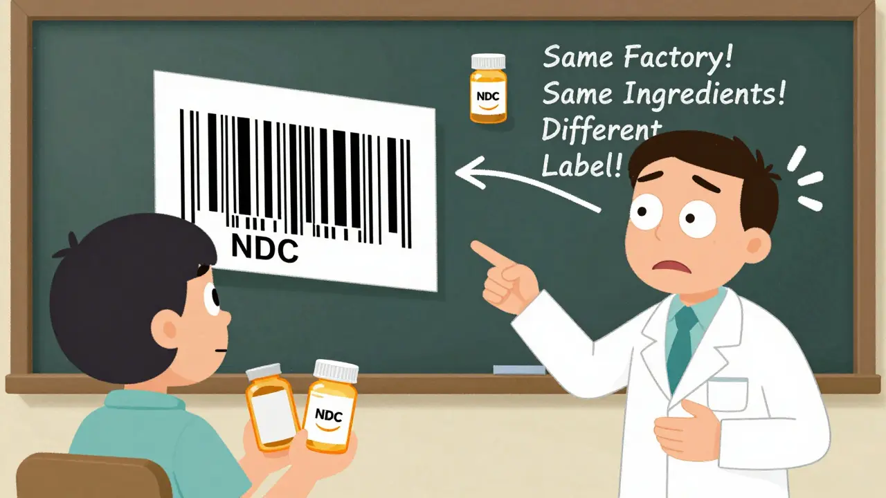 A patient and pharmacist examining a floating NDC barcode, with a chalkboard showing 'Same Factory, Same Ingredients' in cartoon style.