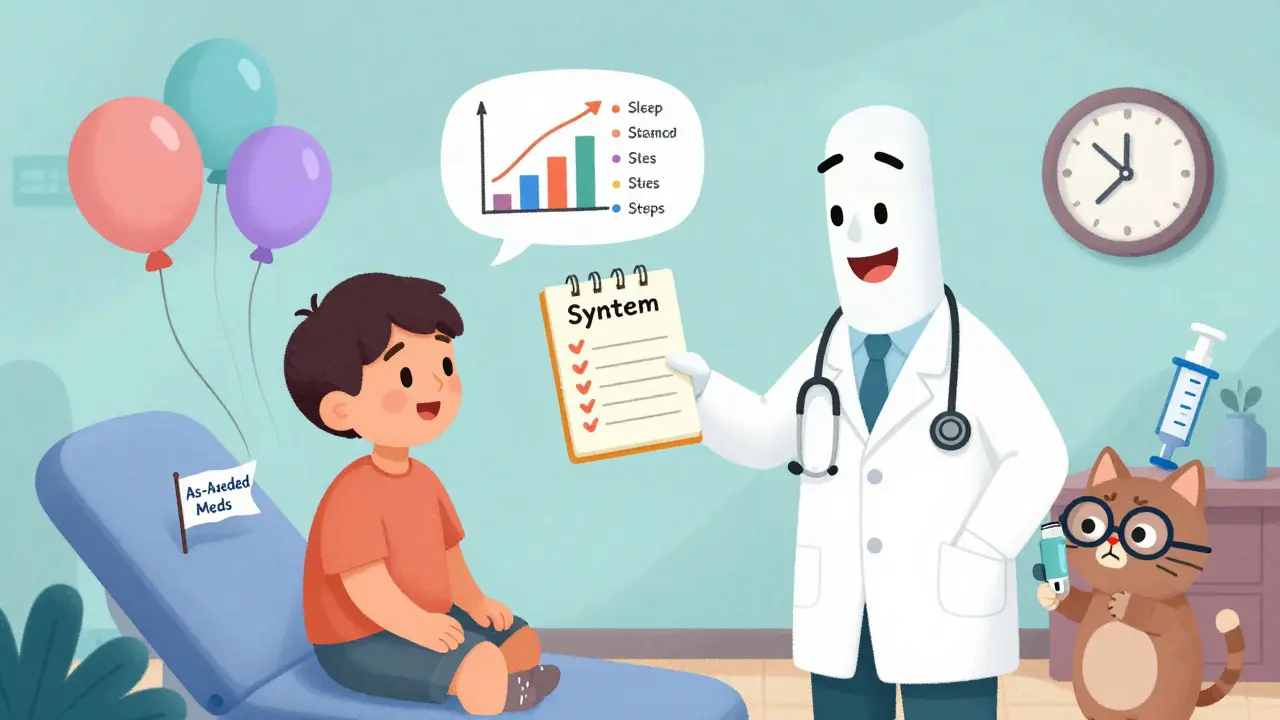 A patient shows a symptom journal to a stretchy doctor while floating health graphs appear around them.