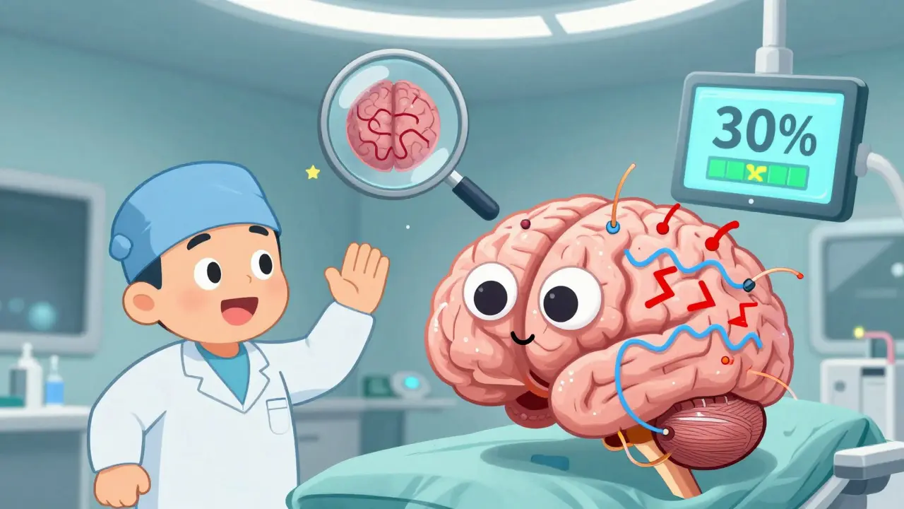 A patient waves during brain surgery as electrodes are placed, with a cartoon brain transforming chaotic lines into calm waves.