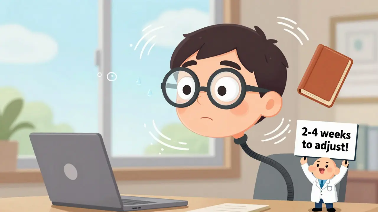 A person in progressive lenses rotating their head, with floating zones for distance, computer, and reading.