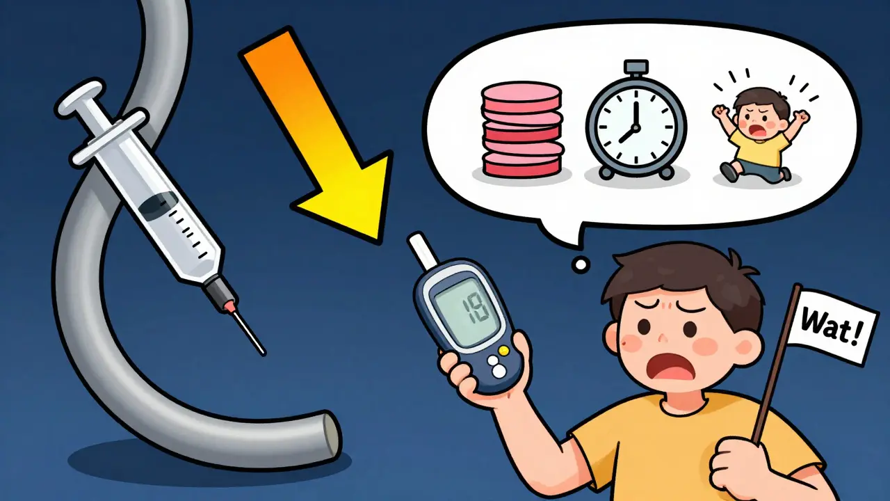 A person panics as a falling arrow signals low blood sugar, with a cartoon insulin stacking trap looming.