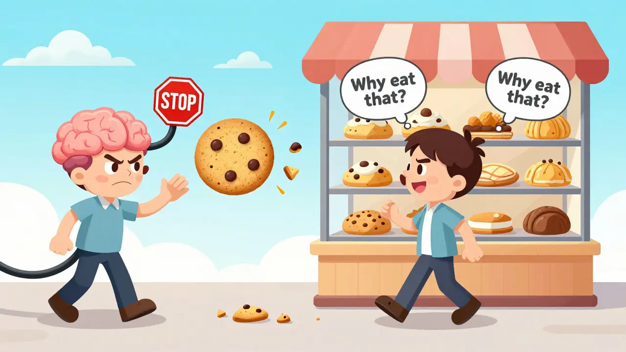A person passes a bakery, looking uninterested at pastries as a GLP-1 molecule taps their brain with a 'STOP' sign.