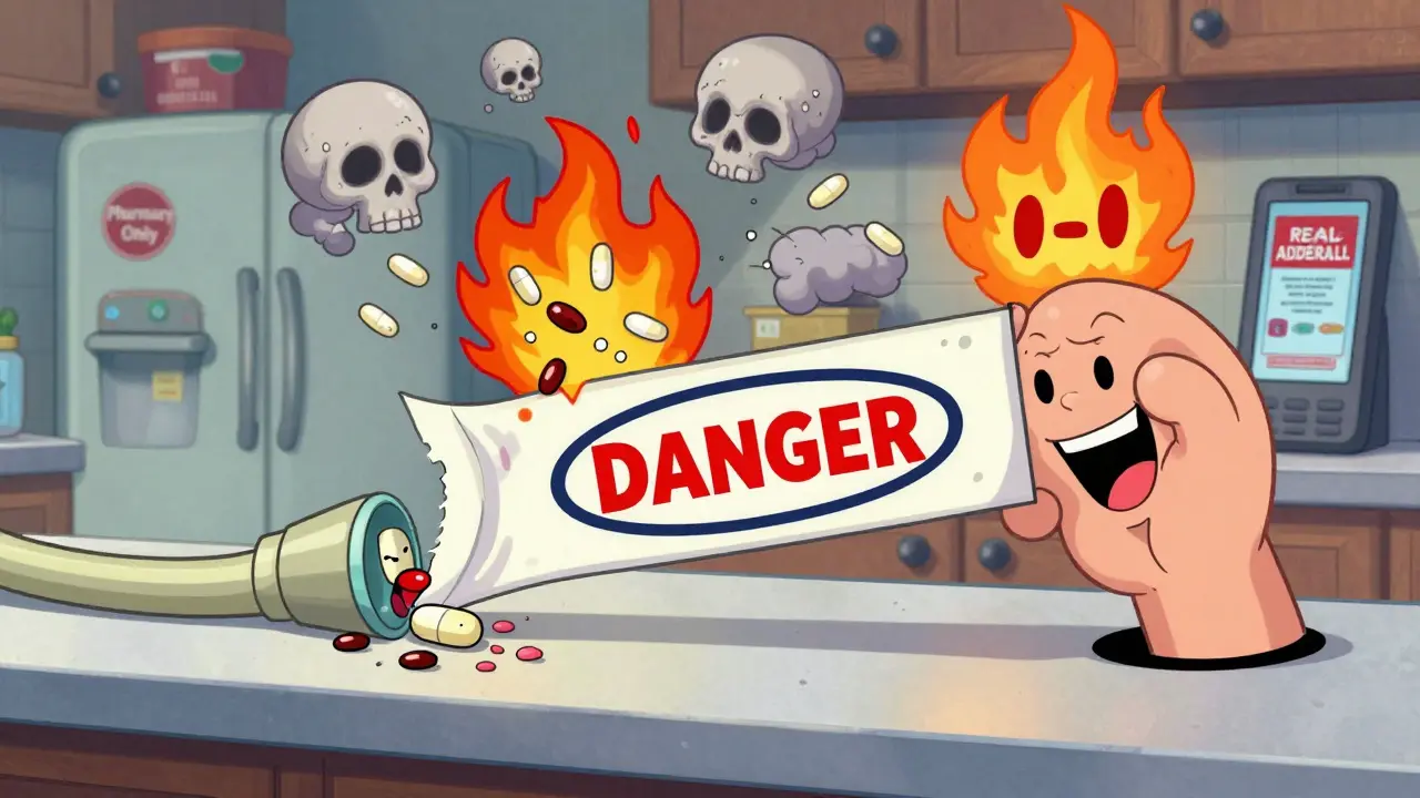 A test strip detecting poison in a pill, with warning signs and social media ads in the background.